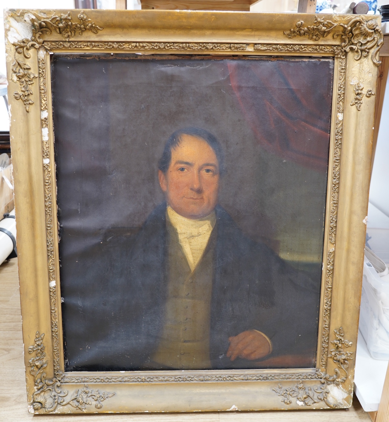 19th century English School, oil on canvas, Portrait of a gentleman, 75 x 63cm. Condition - poor